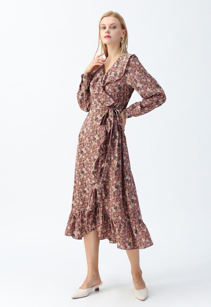 Floral Ruffle Bowknot Wrap Dress in Berry