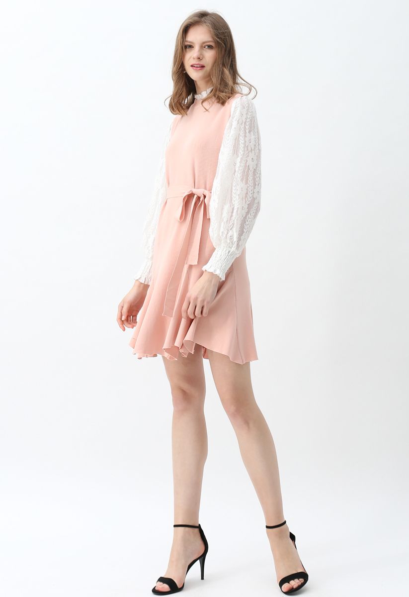 Mock Neck Lacy Top and Frill Hem Knit Dress Set in Pink