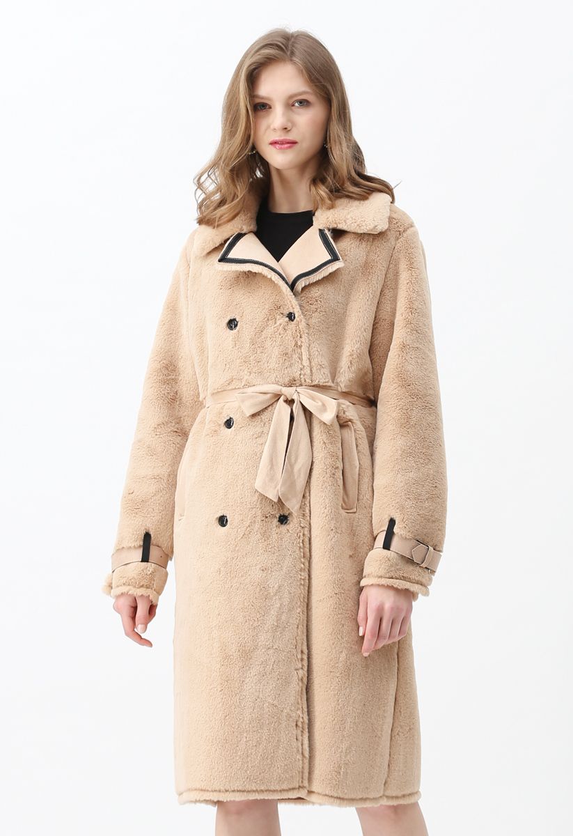 Faux Fur Double-Breasted Belted Longline Coat