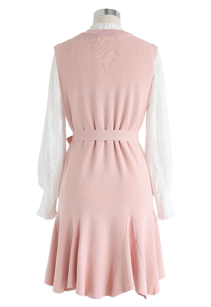 Mock Neck Lacy Top and Frill Hem Knit Dress Set in Pink