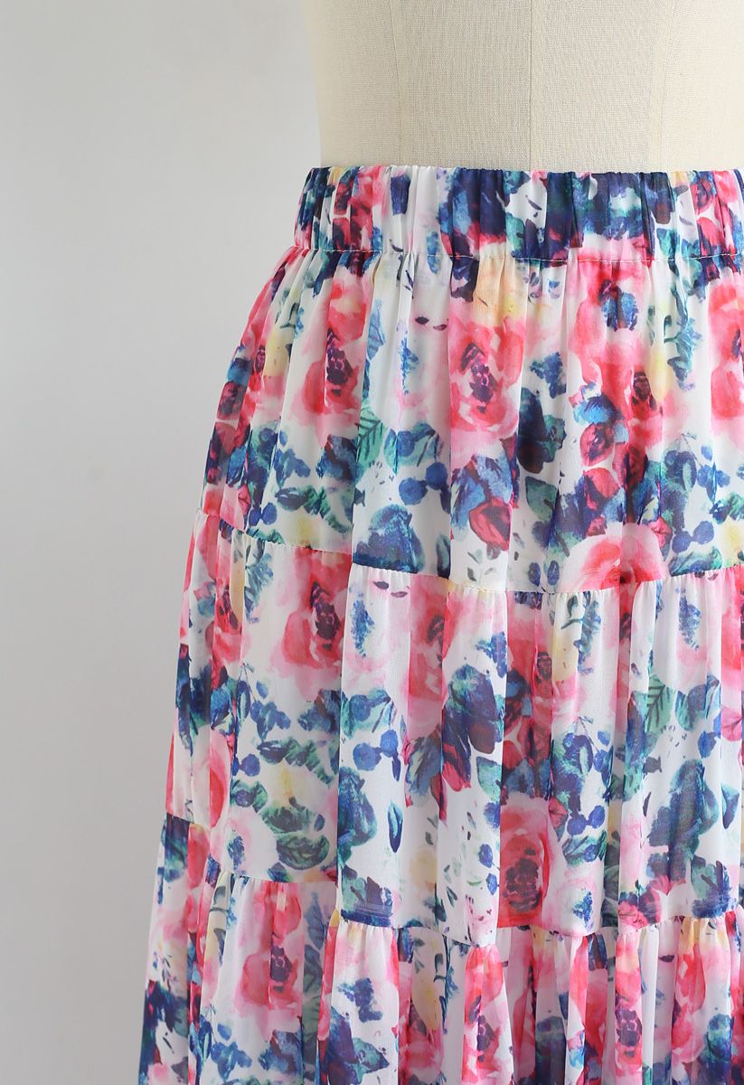Floral Blossom Watercolor Ruffle Maxi Skirt in Pink