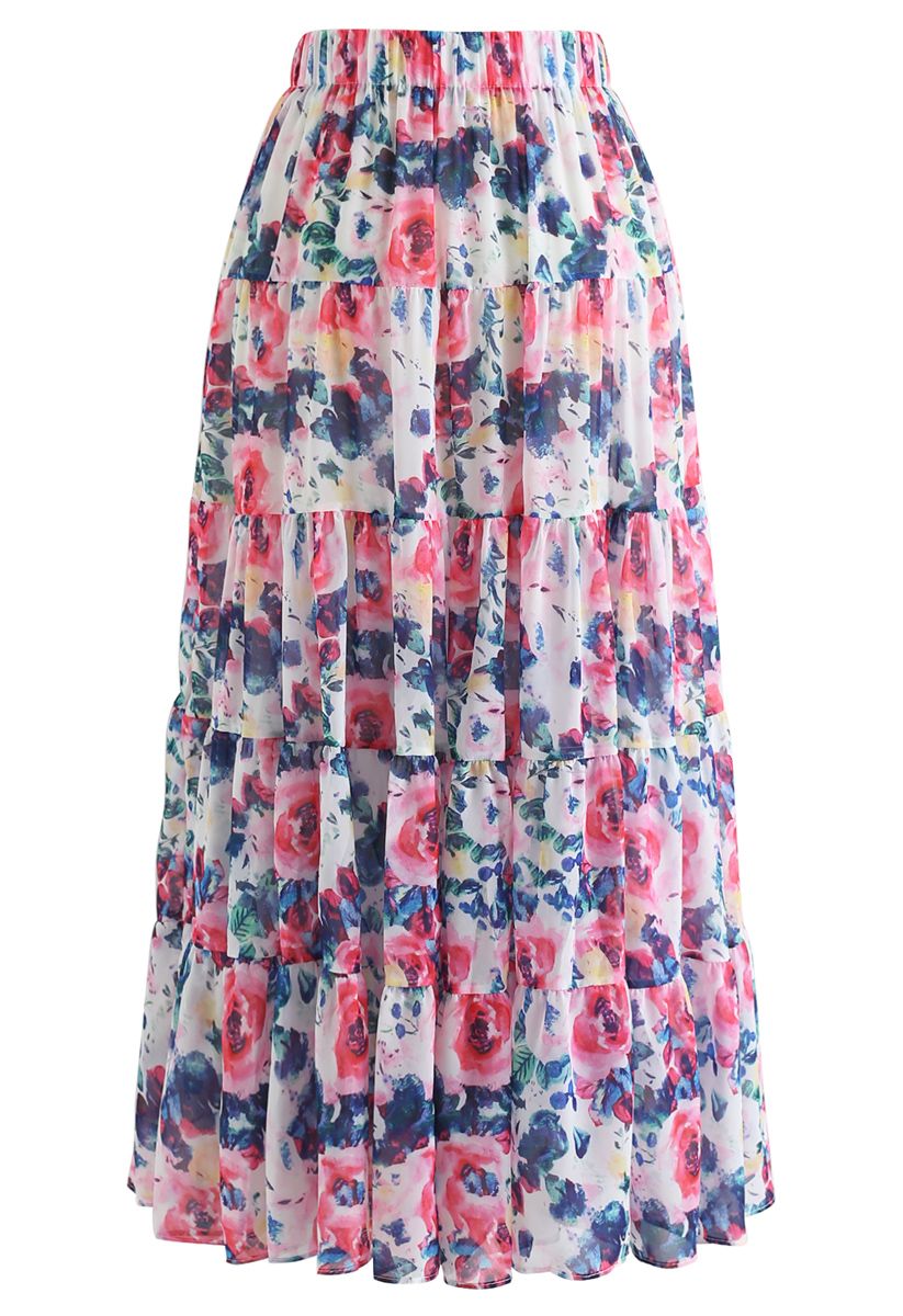 Floral Blossom Watercolor Ruffle Maxi Skirt in Pink