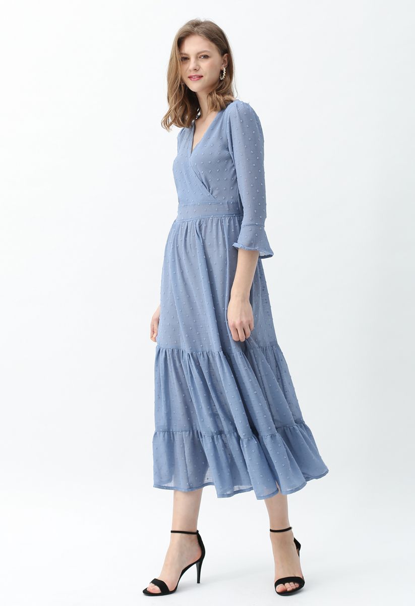 Flock Dots Wrapped Ruffle Maxi Dress in Blue
