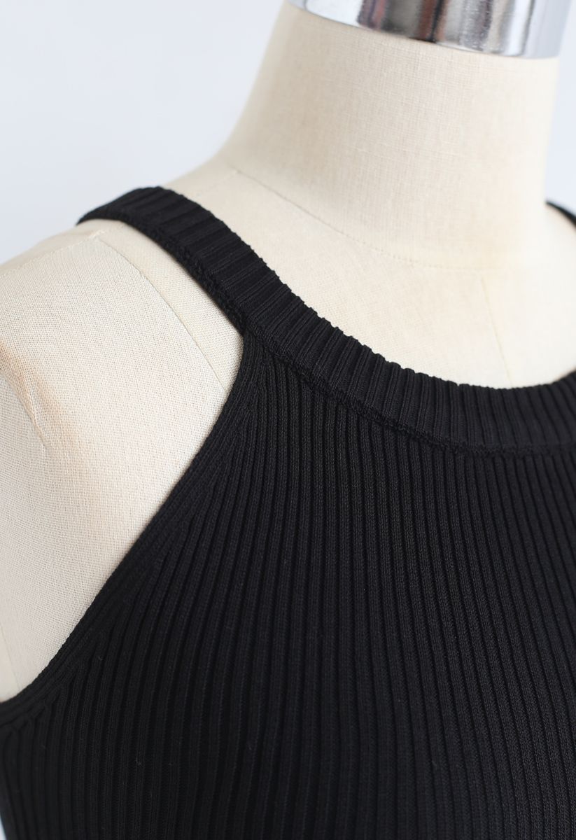 Fitted Ribbed Knit Halter Tank Top in Black