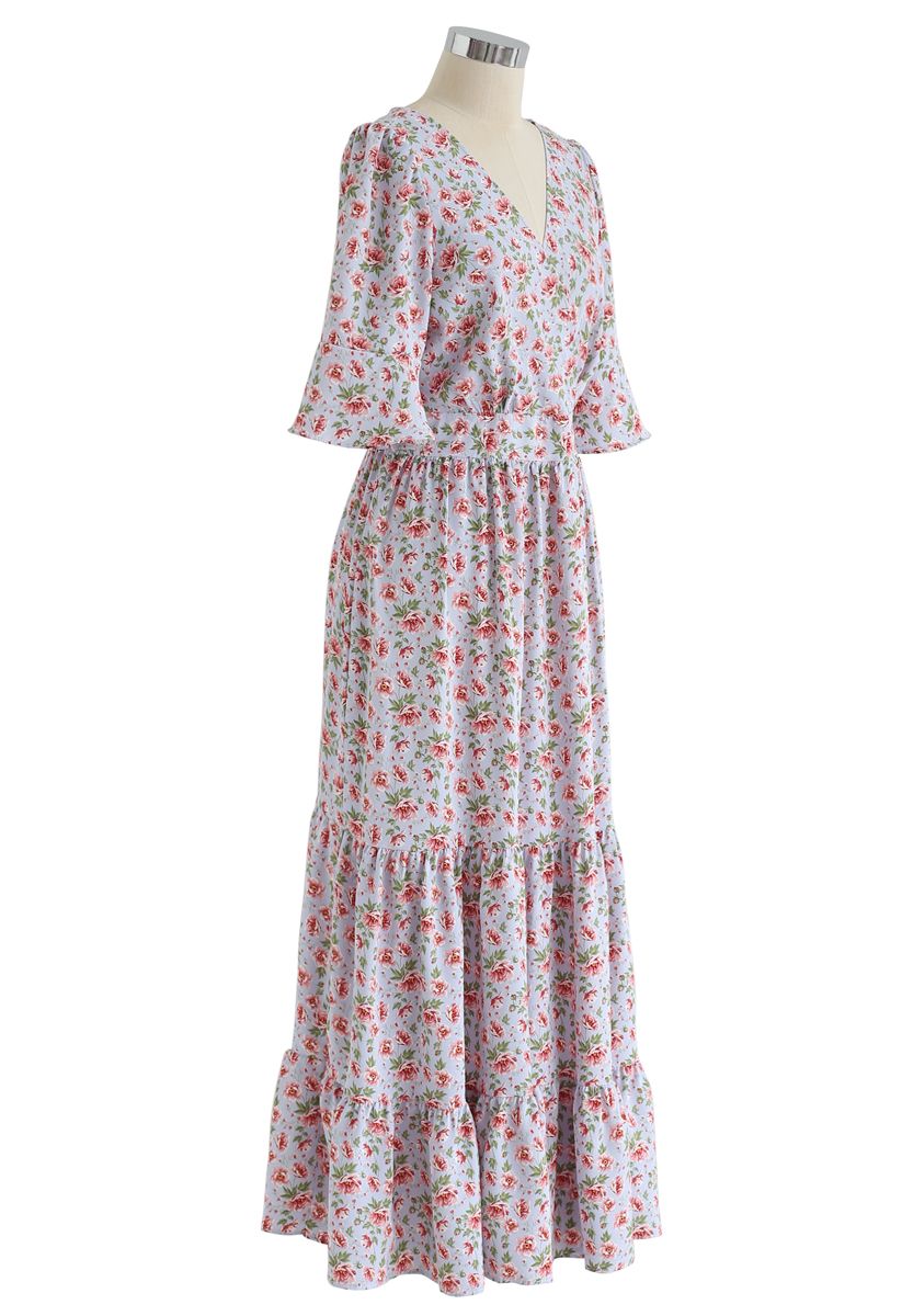 Floral Flare Sleeves Wrapped Maxi Dress in Dusty Blue