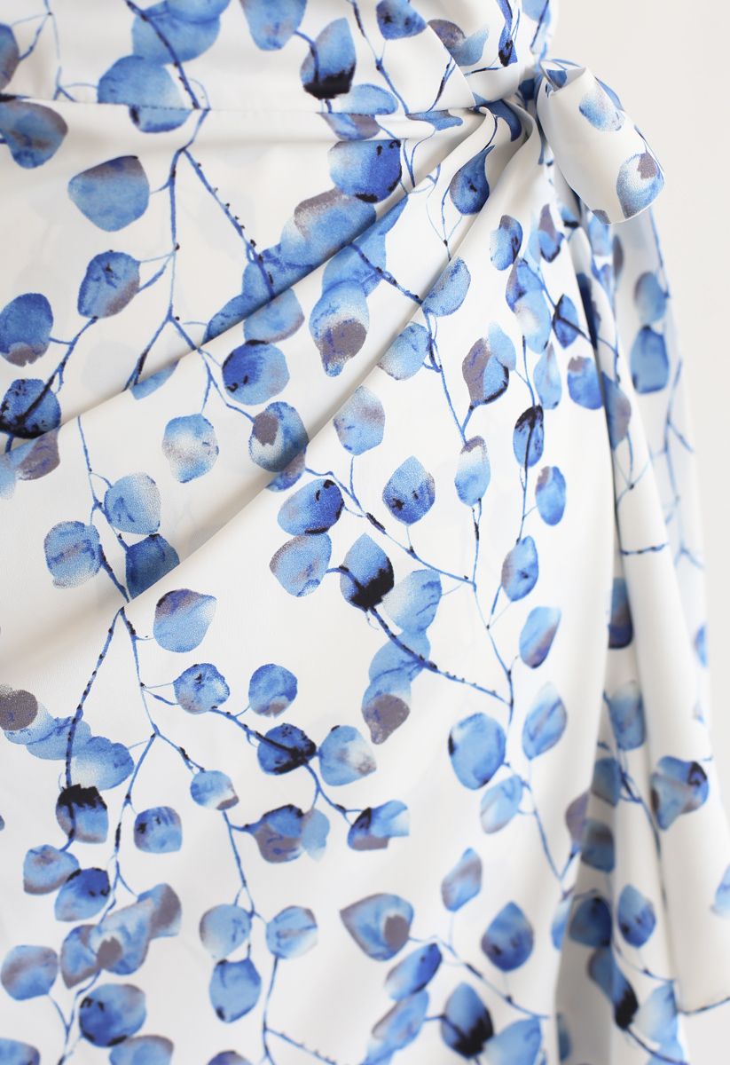 Blue Leaf Print Ruffle Wrapped Cami Dress