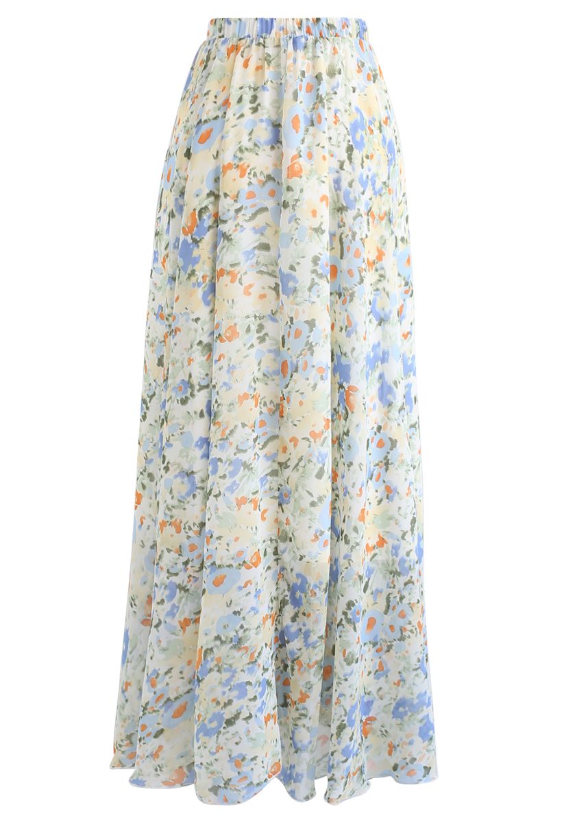 Abstract Watercolor Chiffon Maxi Skirt