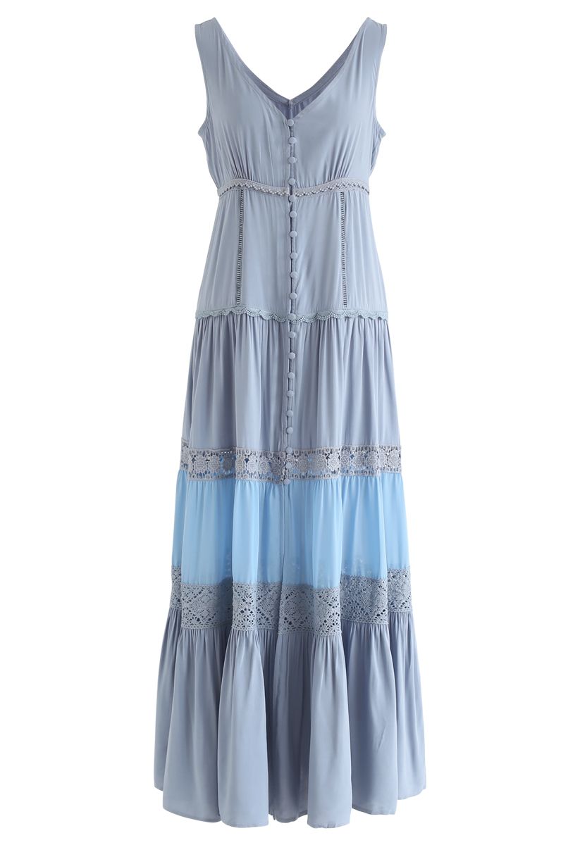 Crochet Trims Panelled Button Down Sleeveless Maxi Dress in Dusty Blue