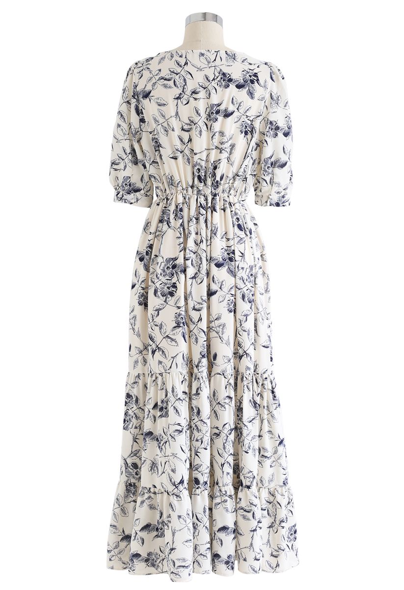 Navy Floral Frilling Wrapped Dress