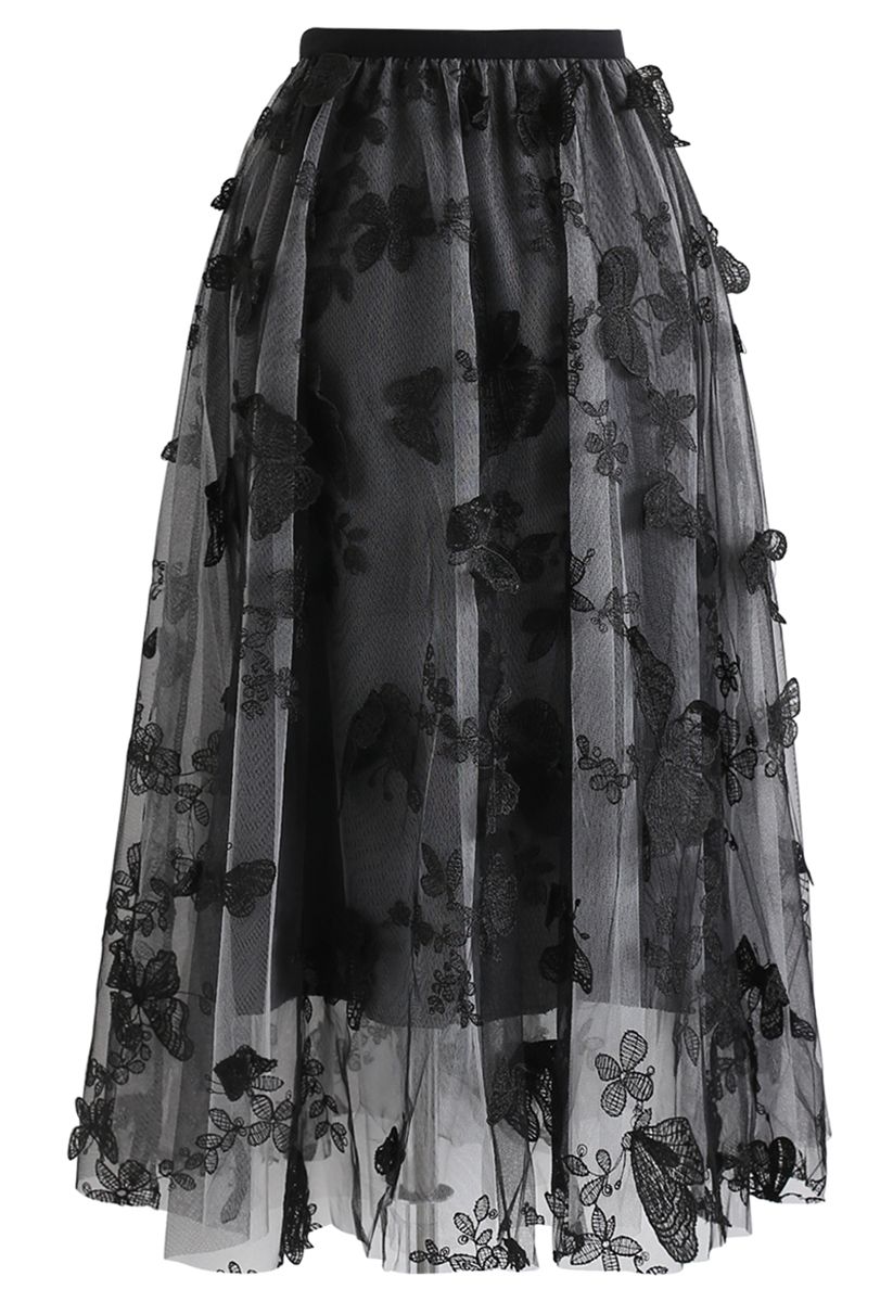 3D Butterfly Double-Layered Mesh Midi Skirt in Smoke