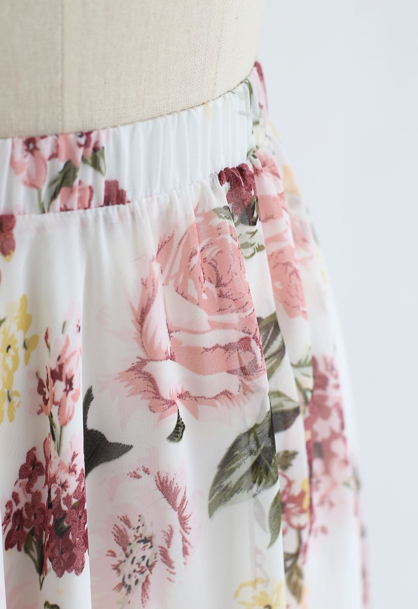 Bright-Colored Floral Maxi Skirt in Cream