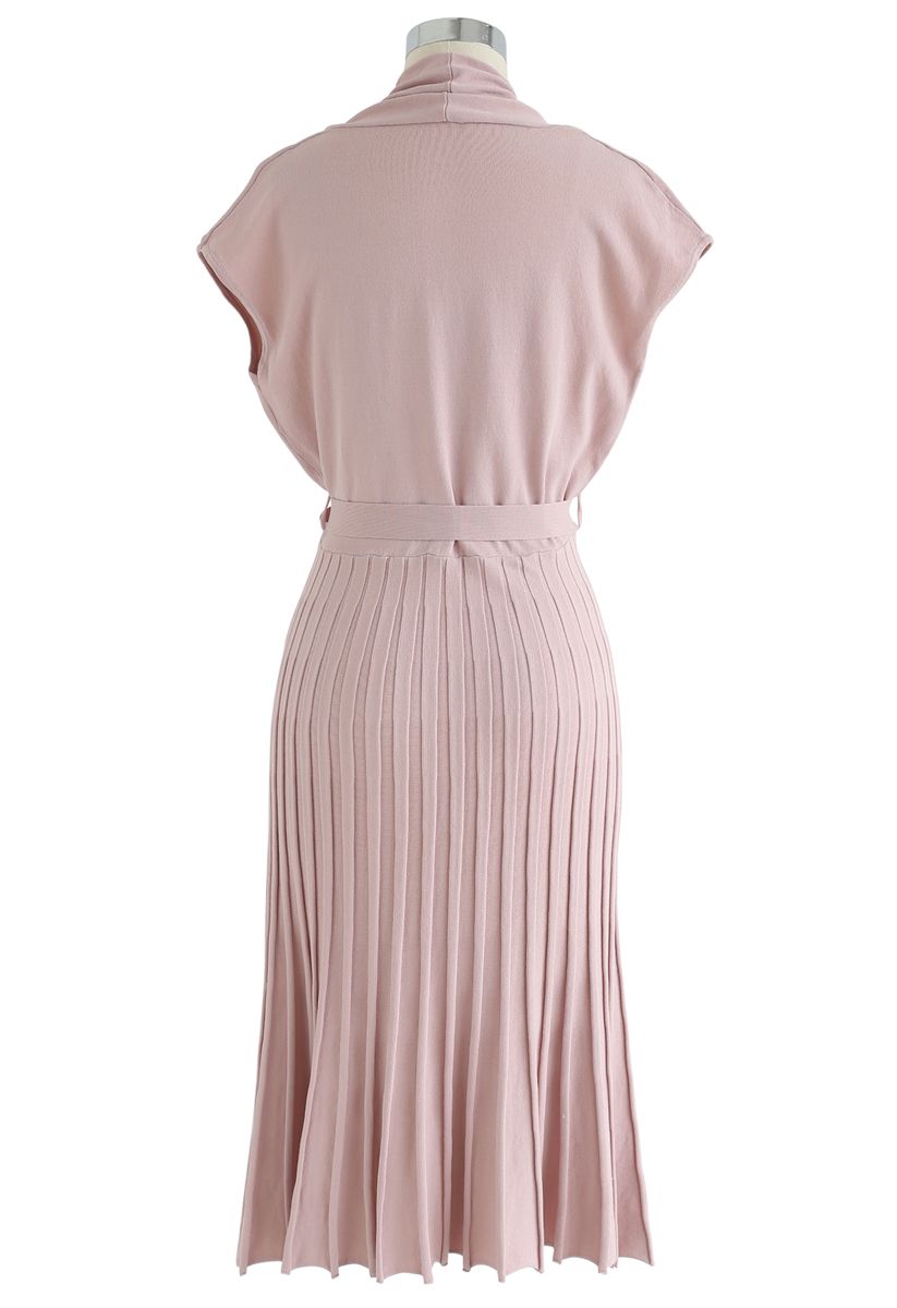 Pleated Sleeveless Wrapped Knit Dress in Pink