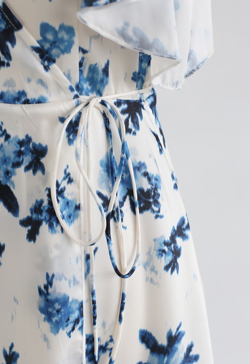 Dyeing Flower Pattern Ruffle Asymmetric Wrap Dress 