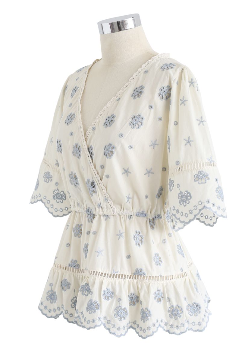 Floral Broderie Anglaise Wrap Peplum Top in Blue