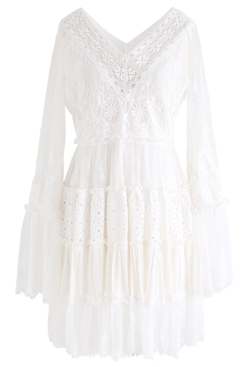 Delicate Full Lace Bell Sleeves Mini Dress
