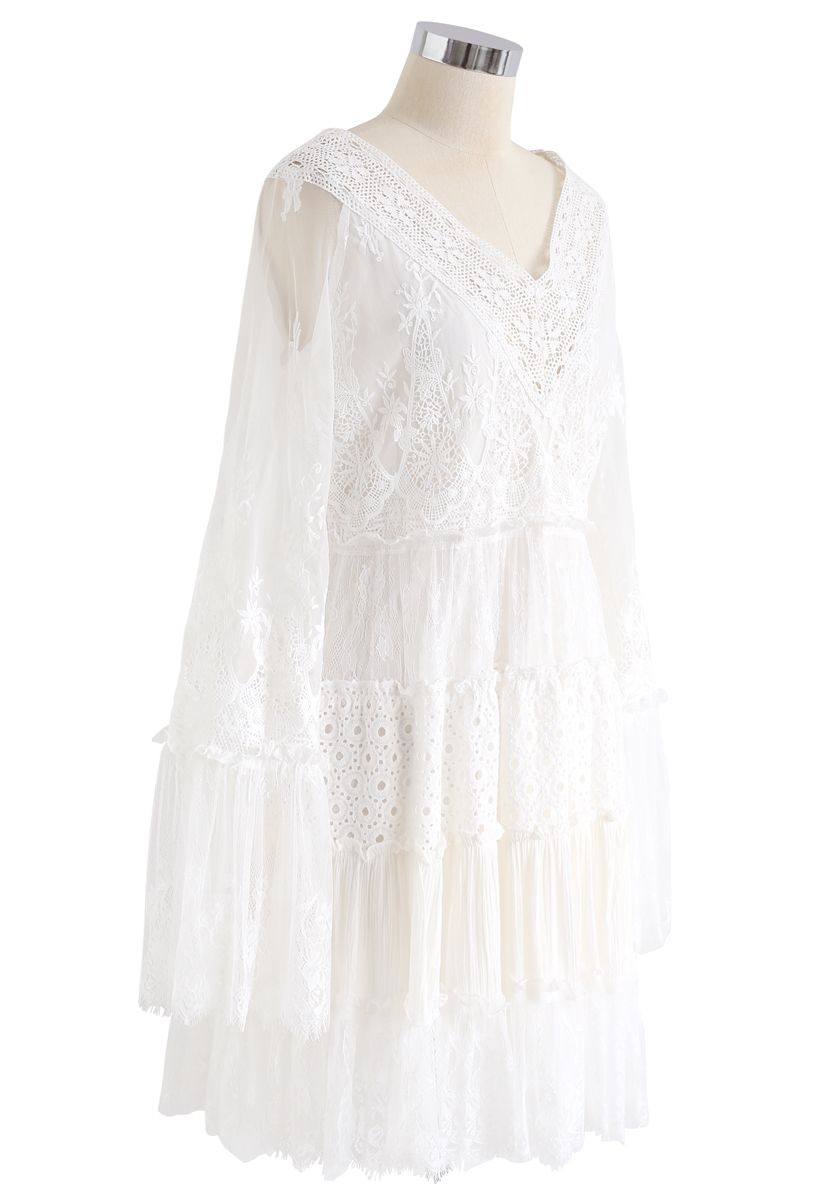 Delicate Full Lace Bell Sleeves Mini Dress