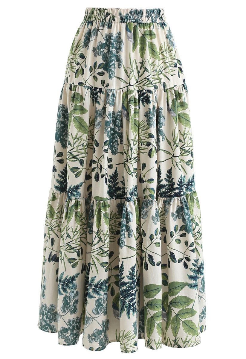 Natural Leaves Printed Linen-Blend Maxi Skirt