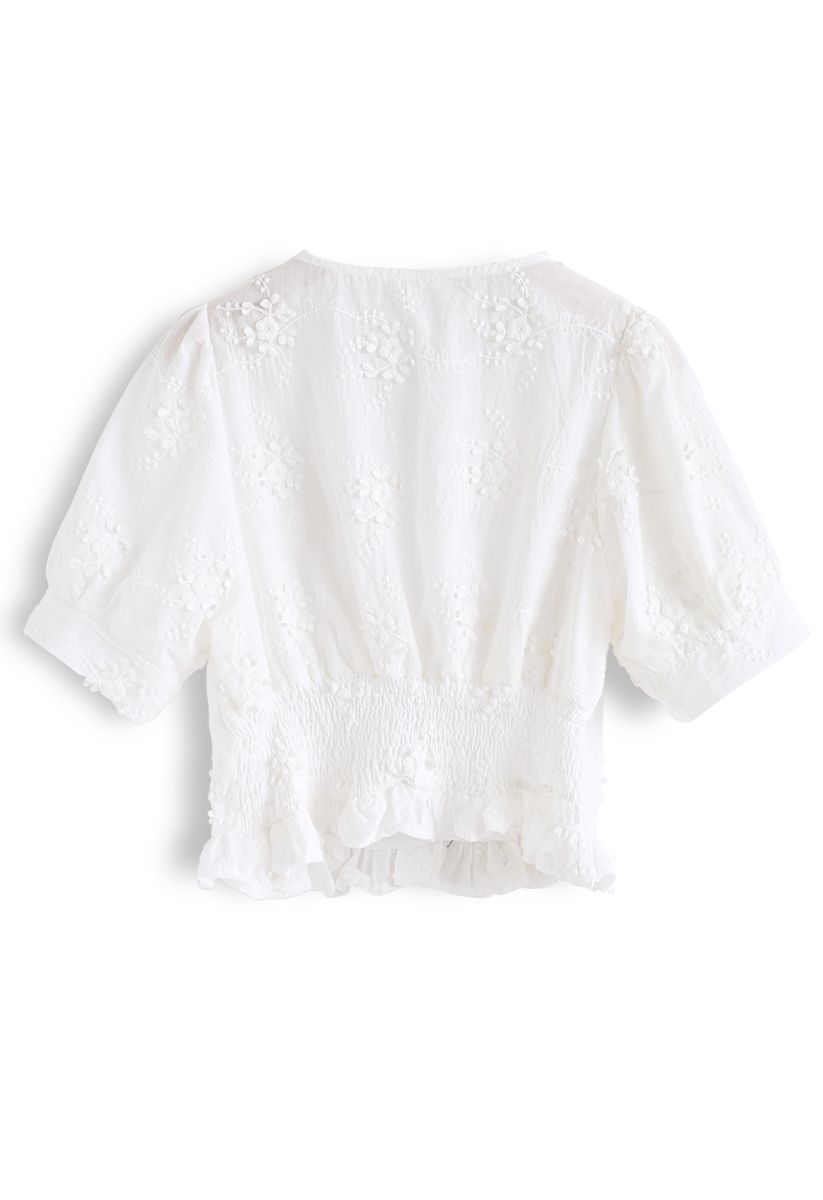 3D Floral Embroidery Ruffle Shirred Top