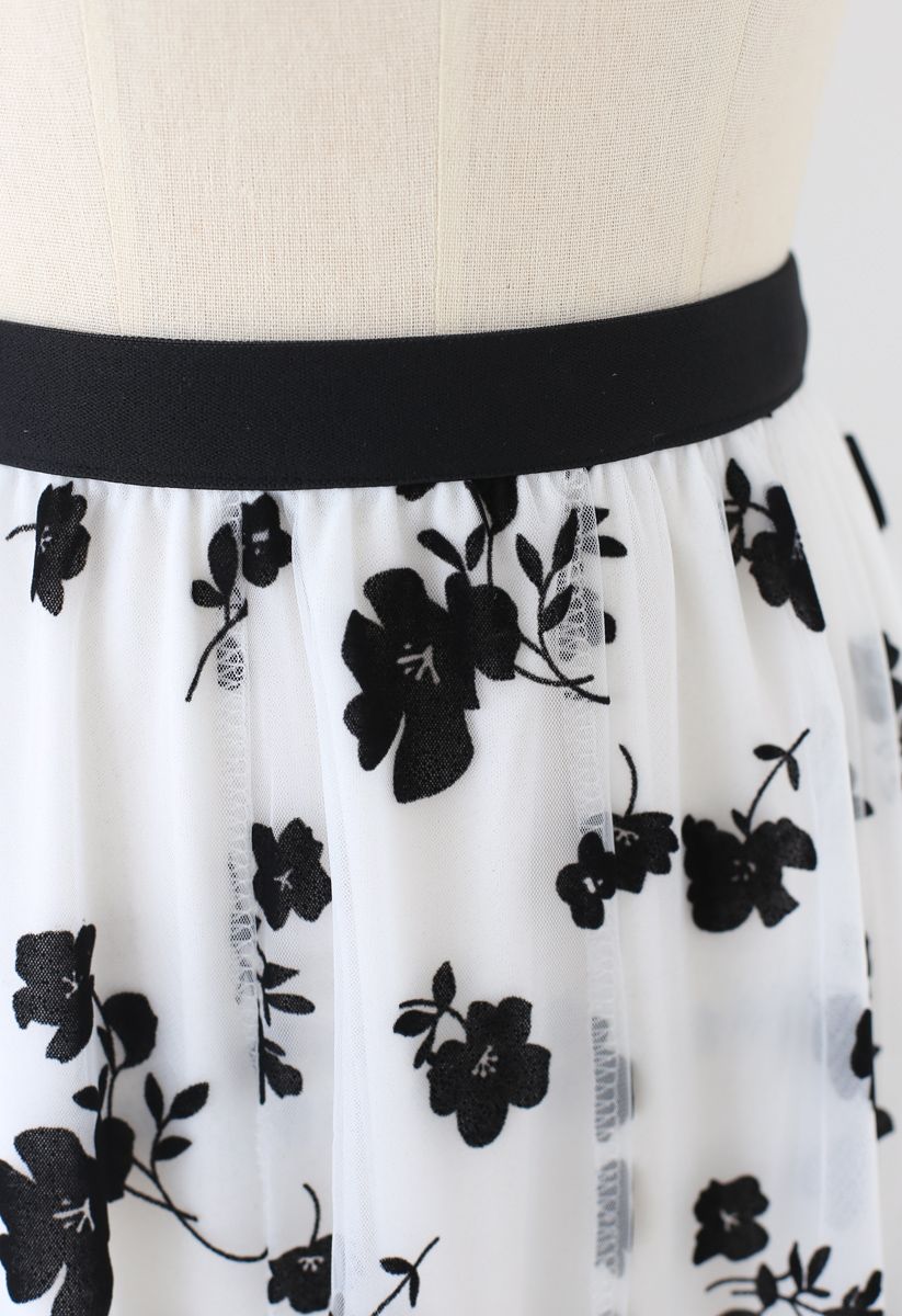 3D Posy Double-Layered Mesh Midi Skirt in White