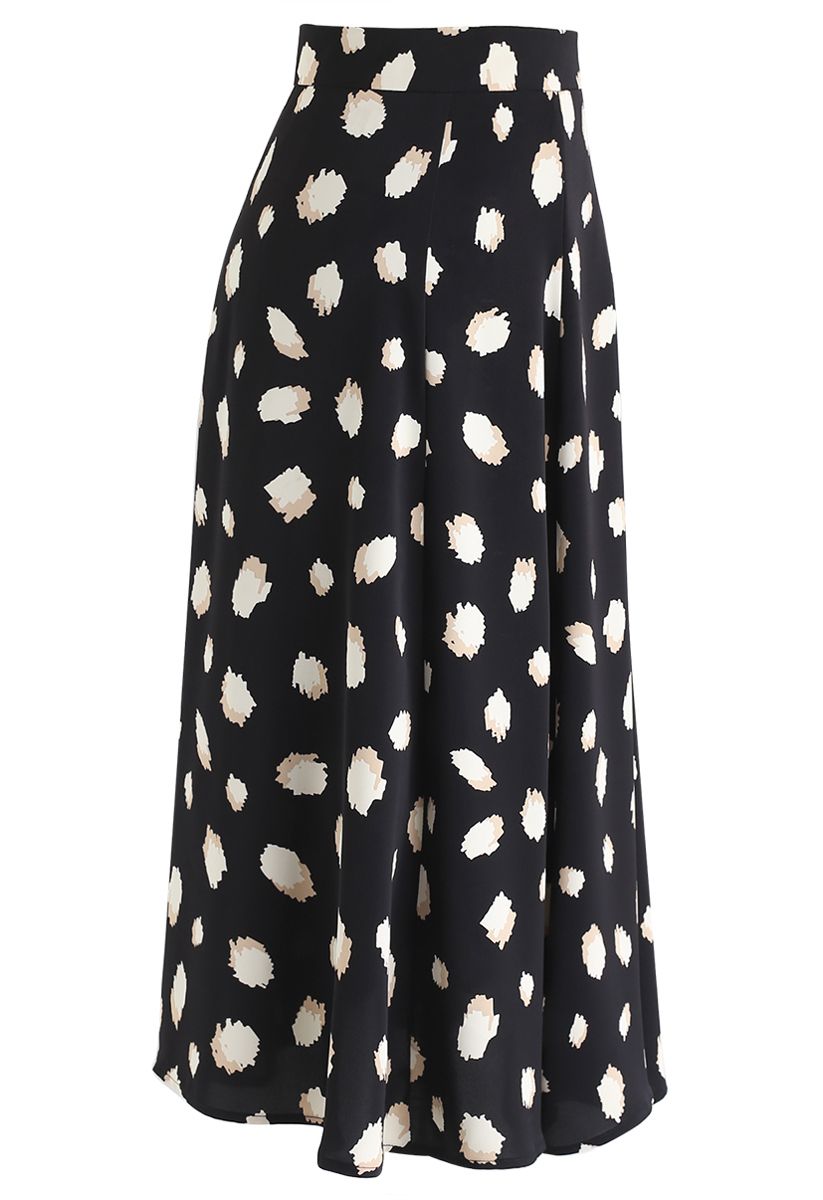 Bicolor Irregular Spots Print Midi Skirt in Black