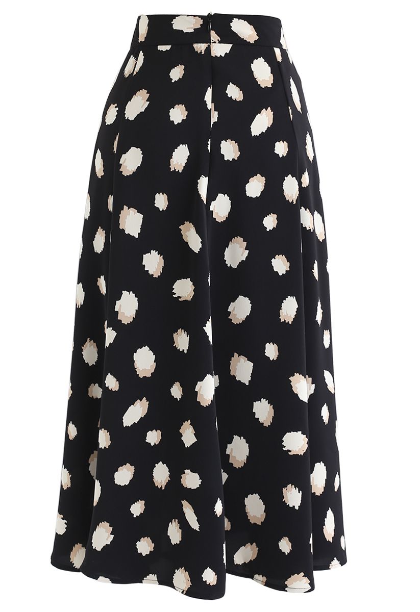 Bicolor Irregular Spots Print Midi Skirt in Black