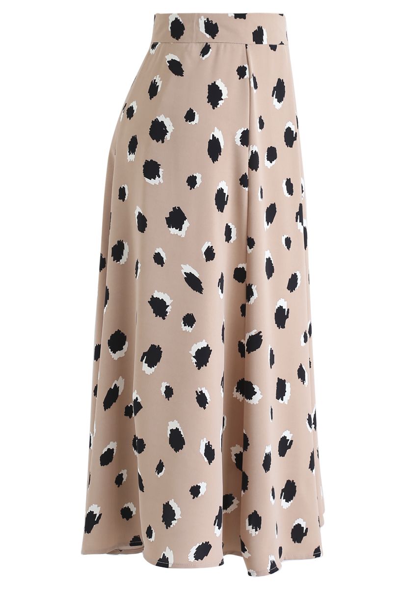 Bicolor Irregular Spots Print Midi Skirt in Tan