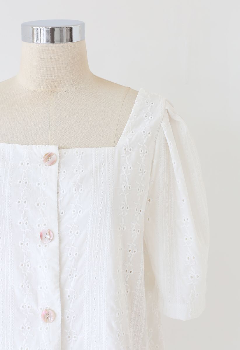 Square Neck Button Down Embroidery Top