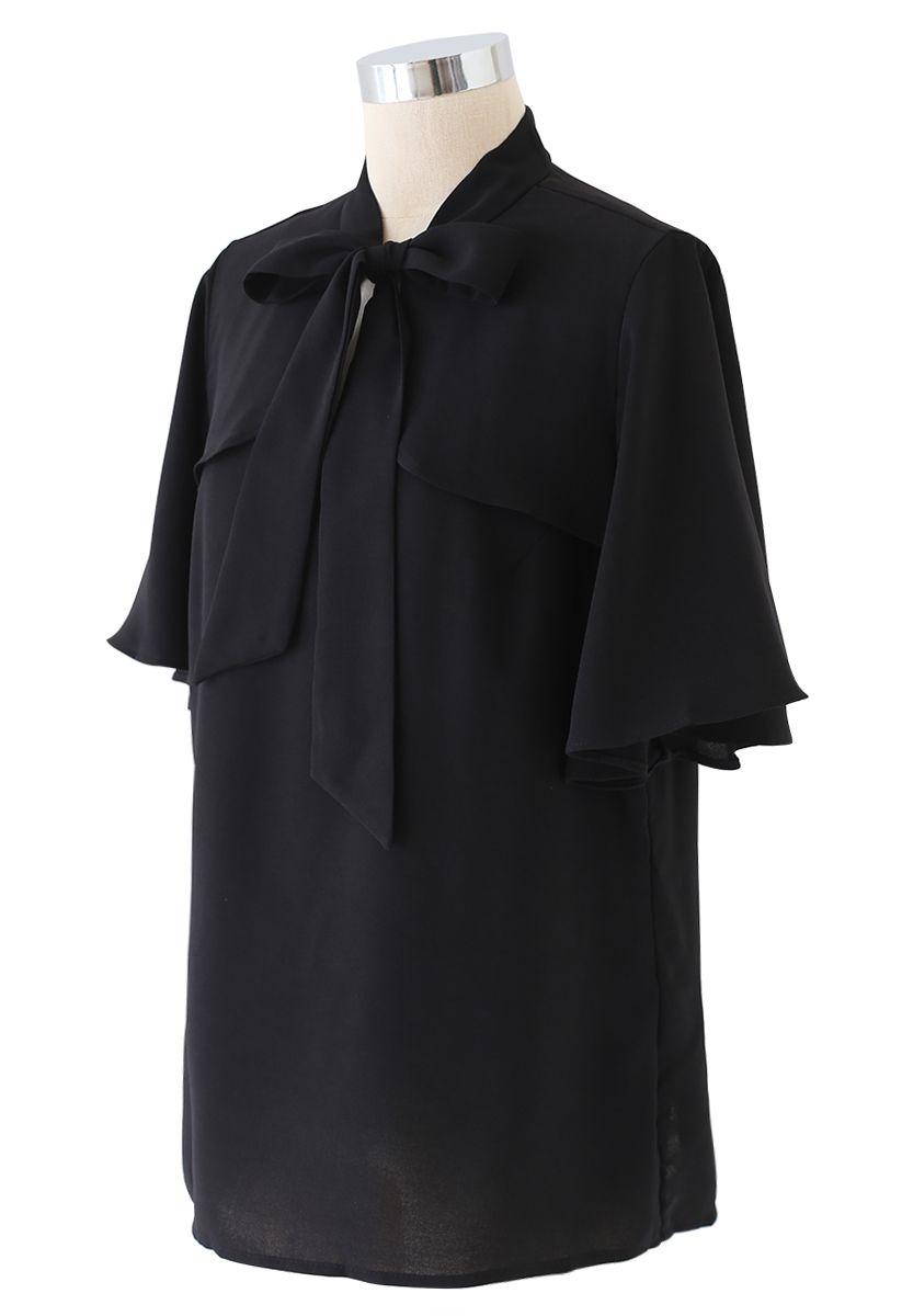 Bow Tie Flare Sleeves V-Neck Top in Black