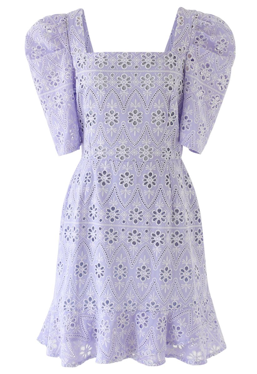 Zigzag Eyelet Floral Embroidered Square Neck Mini Dress in Lilac