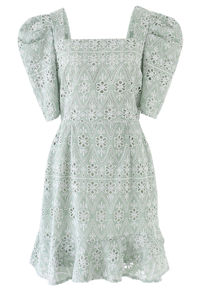 Zigzag Eyelet Floral Embroidered Square Neck Mini Dress in Pea Green