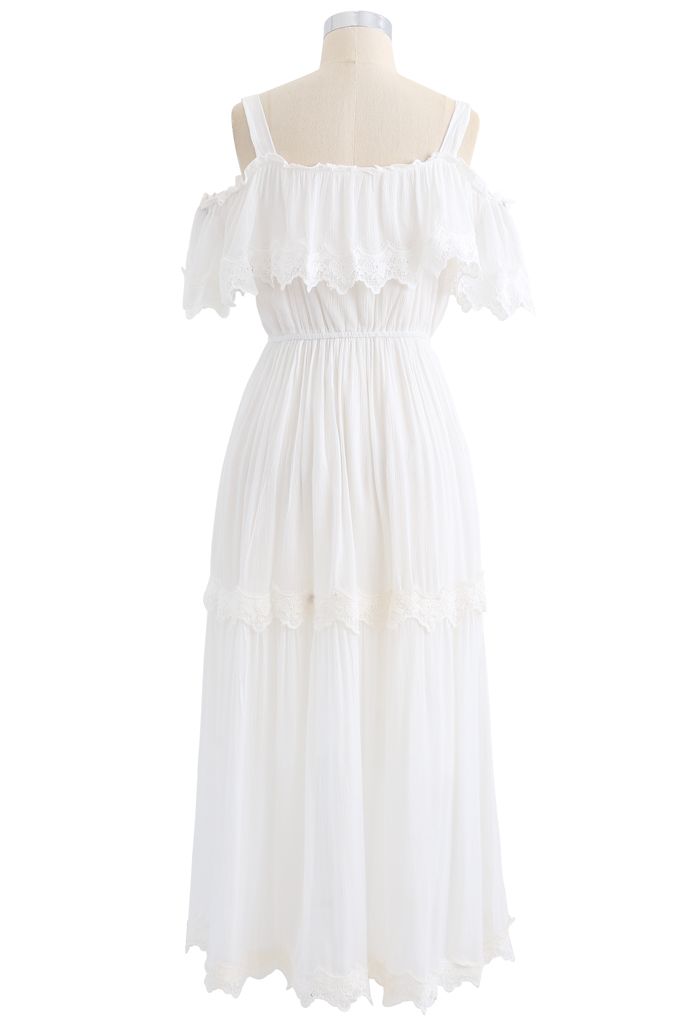 Crochet Trim Cold-Shoulder Dress in White