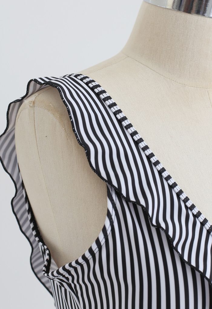 Stripe Print Ruffle Plunging Neck One-Piece Swimsuit