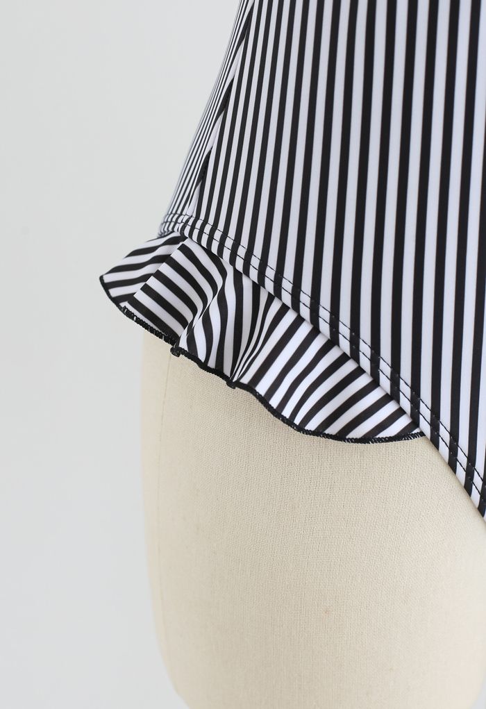 Stripe Print Ruffle Plunging Neck One-Piece Swimsuit