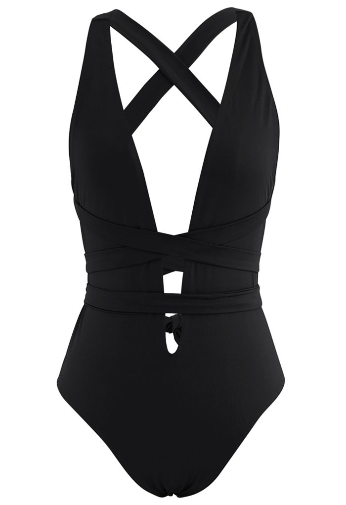 Deep V-Neck Lace-Up One-Piece Swimsuit in Black