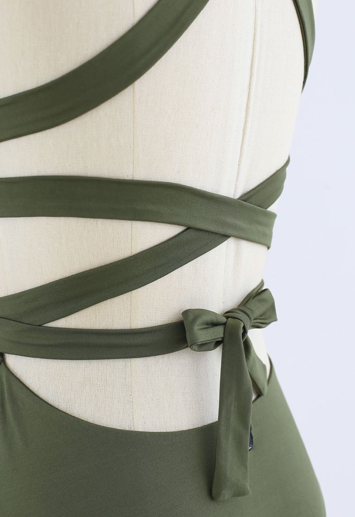 Deep V-Neck Lace-Up One-Piece Swimsuit in Army Green