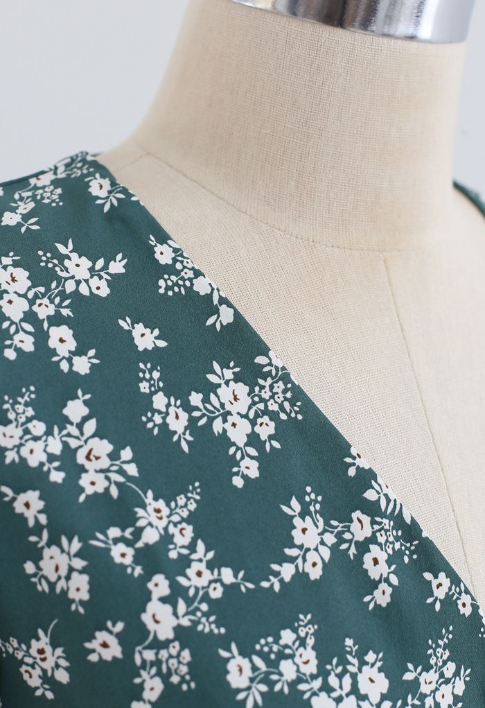 Blissful Floret Print Frill Hem Wrap Midi Dress in Green