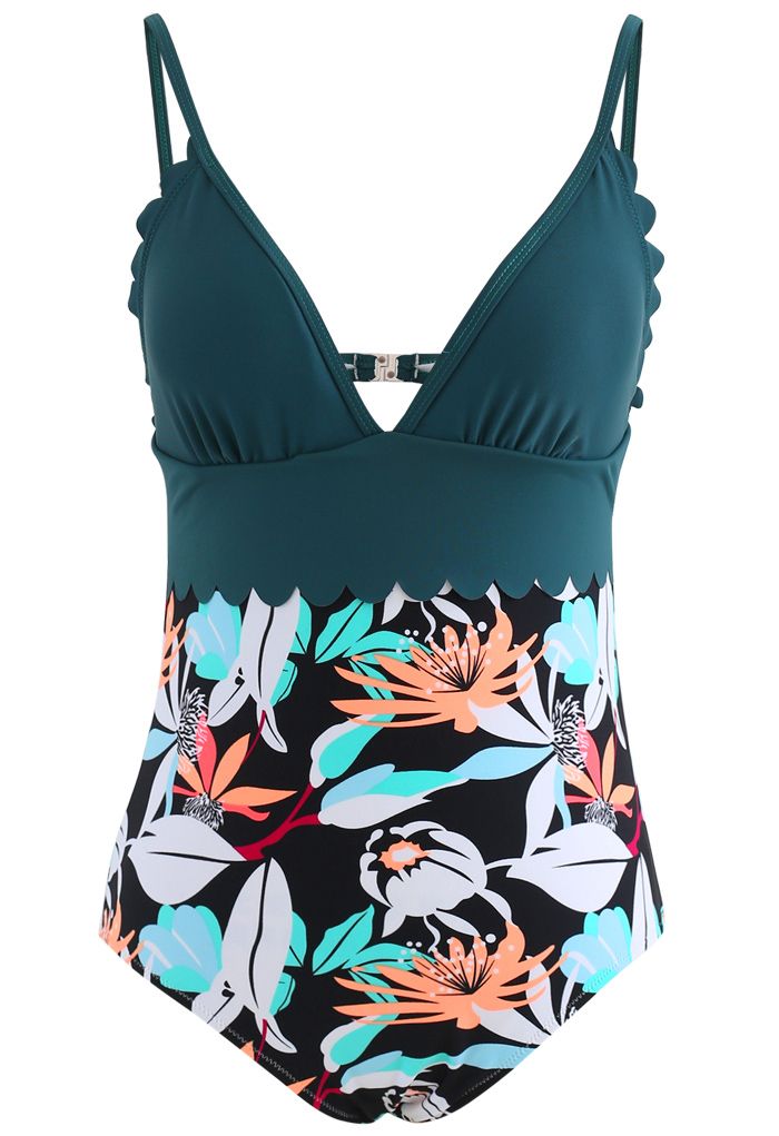 Richly Floral Print Plunging Neck One-Piece Swimsuit