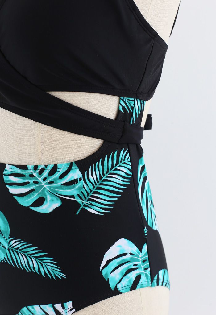 Bowknot Back Tropical Leaf Print Cutout One-Piece Swimsuit