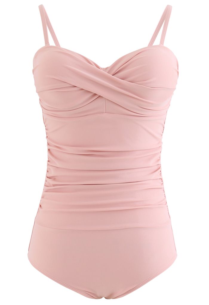 Ruched Design One-Piece Swimsuit in Pink