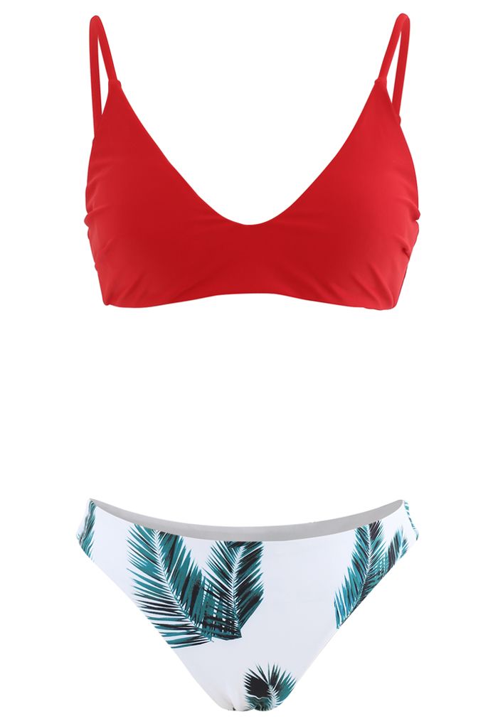 Adjustable Straps Leaf Print High-Cut Leg Bikini Set in Red