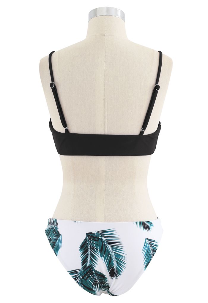 Adjustable Straps Leaf Print High-Cut Leg Bikini Set in Black