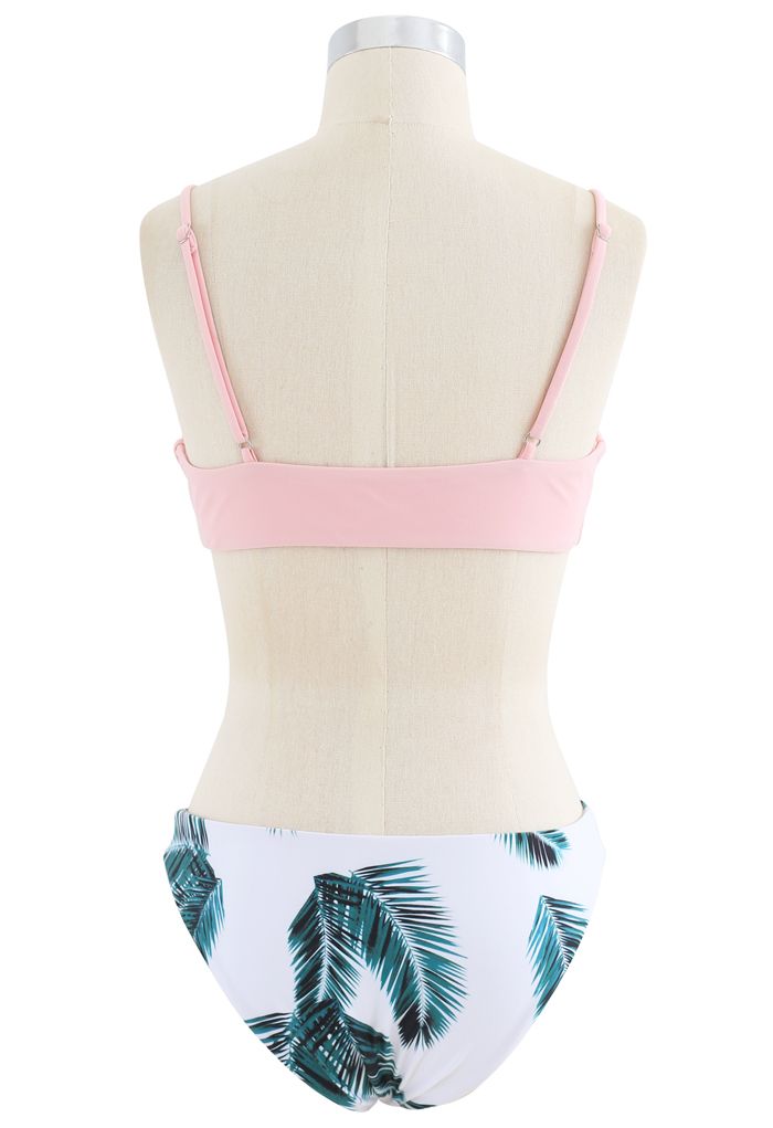Adjustable Straps Leaf Print High-Cut Leg Bikini Set in Pink