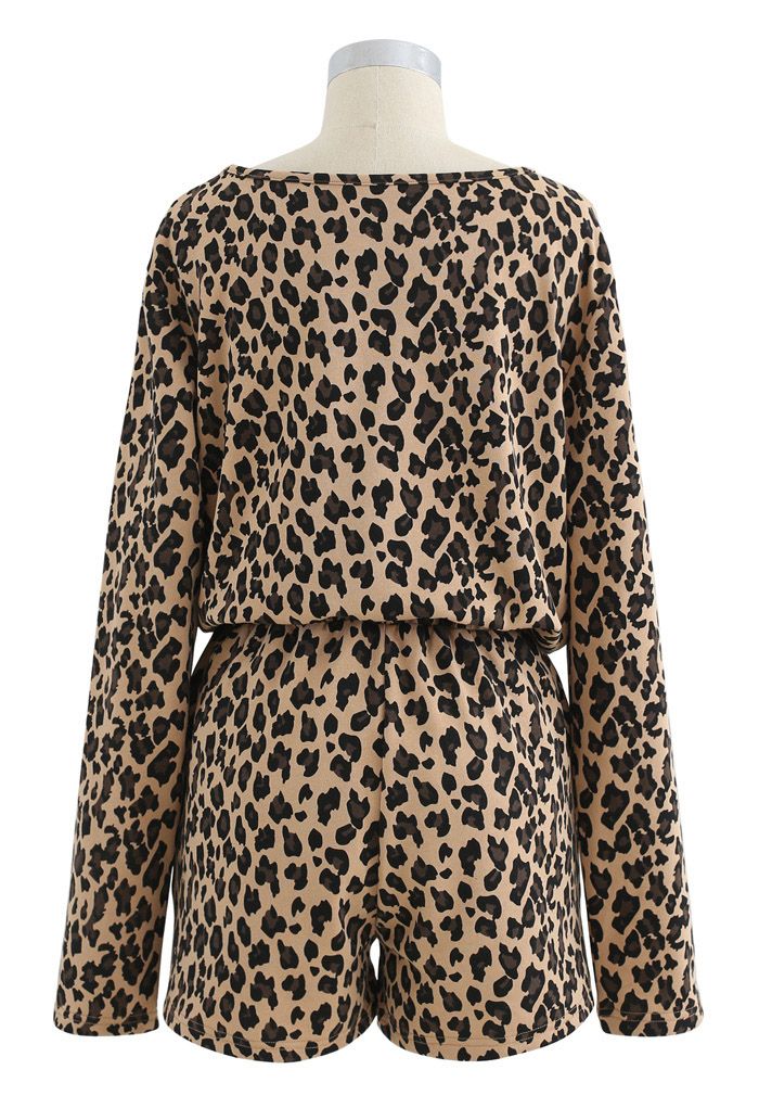 Leopard Print Long Sleeves Top and Drawstring Shorts Set