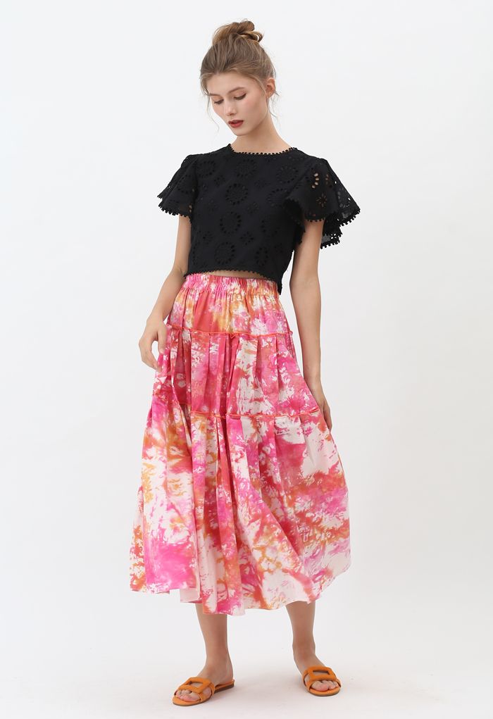 Tie-Dye Pleated Frill Midi Skirt in Hot Pink
