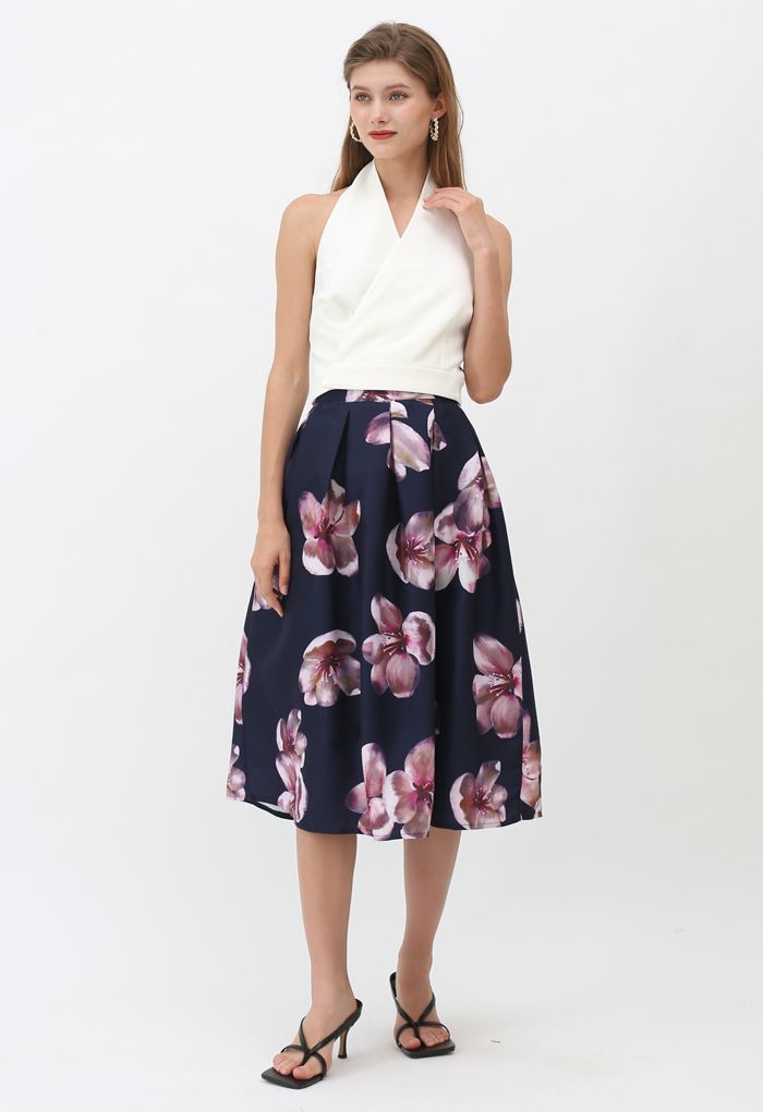 Peach Blossom Midi Skirt in Navy