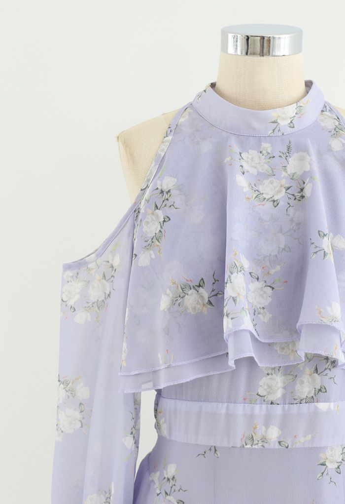 Lavender Gardenia Impress Cold-Shoulder Chiffon Dress