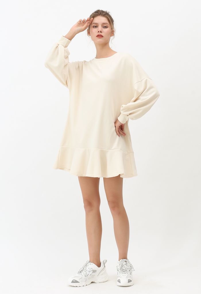 Ruffle Hem Sleeves Shift Mini Dress in Cream