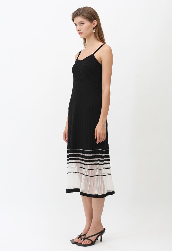Striped Mesh Spliced Hem Knit Cami Dress in Black