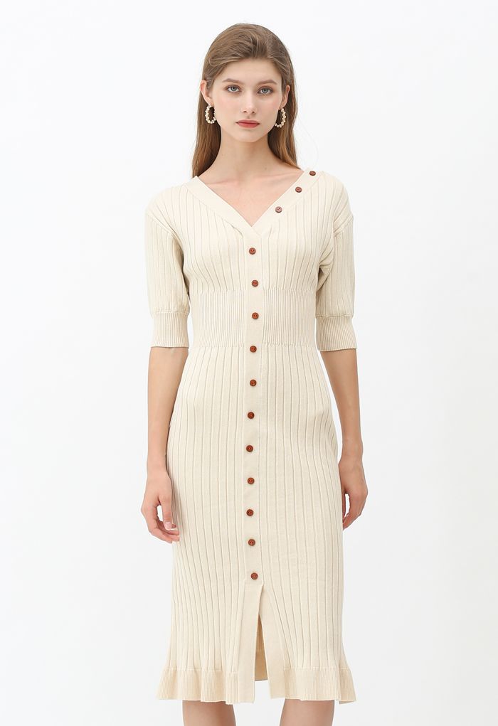 V-Neck Ruffle Button Trim Ribbed Knit Midi Dress in Cream