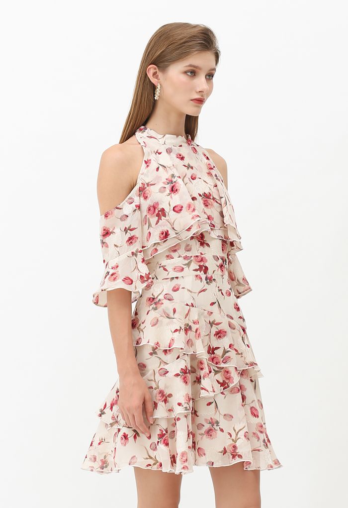 Cold-Shoulder Rose Print Jacquard Halter Dress